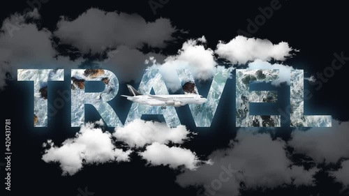 Waves splash inside the text. A plane takes off from the text