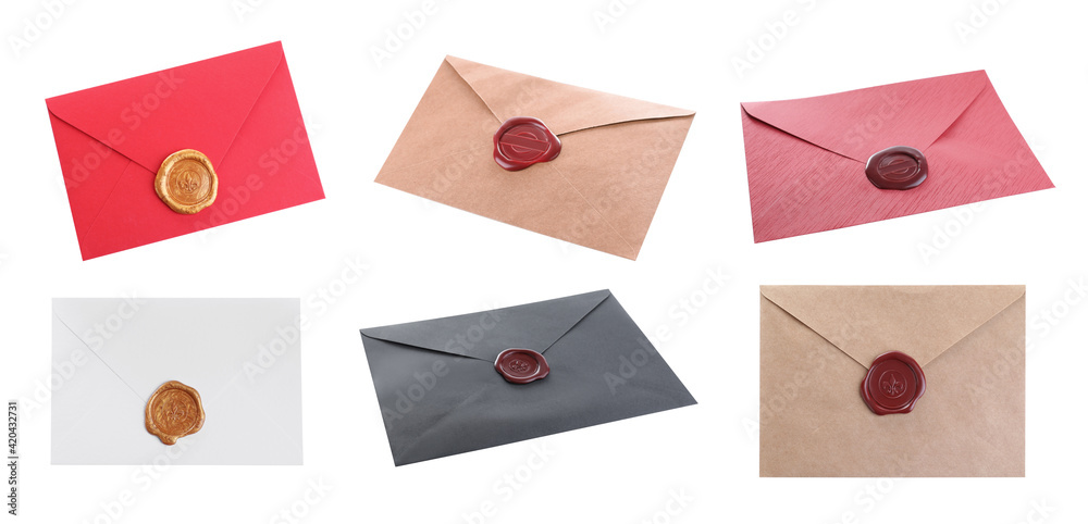Different envelopes with wax seals on white background, collage. Banner design Different envelopes with wax seals on white background, collage. Banner design