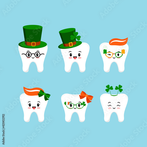 St Patrick day tooth icon set isolated. Dental teeth character with irish photo booth props - clover, leprechaun hat shamrock, glasses with beer. Flat design cartoon vector kids dentistry illustration