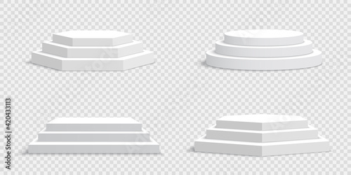 White blank podiums on transparent background. Pedestals. Vector illustration.