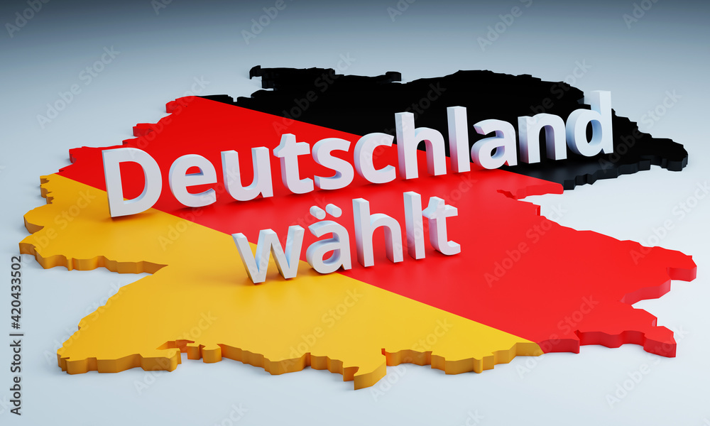 Obraz premium Deutschlandkarte und Überschrift, Deutschland wählt, in 3D Darstellung mit den Farben Schwarz, Rot, Gelb auf neutralem Hintergrund. 