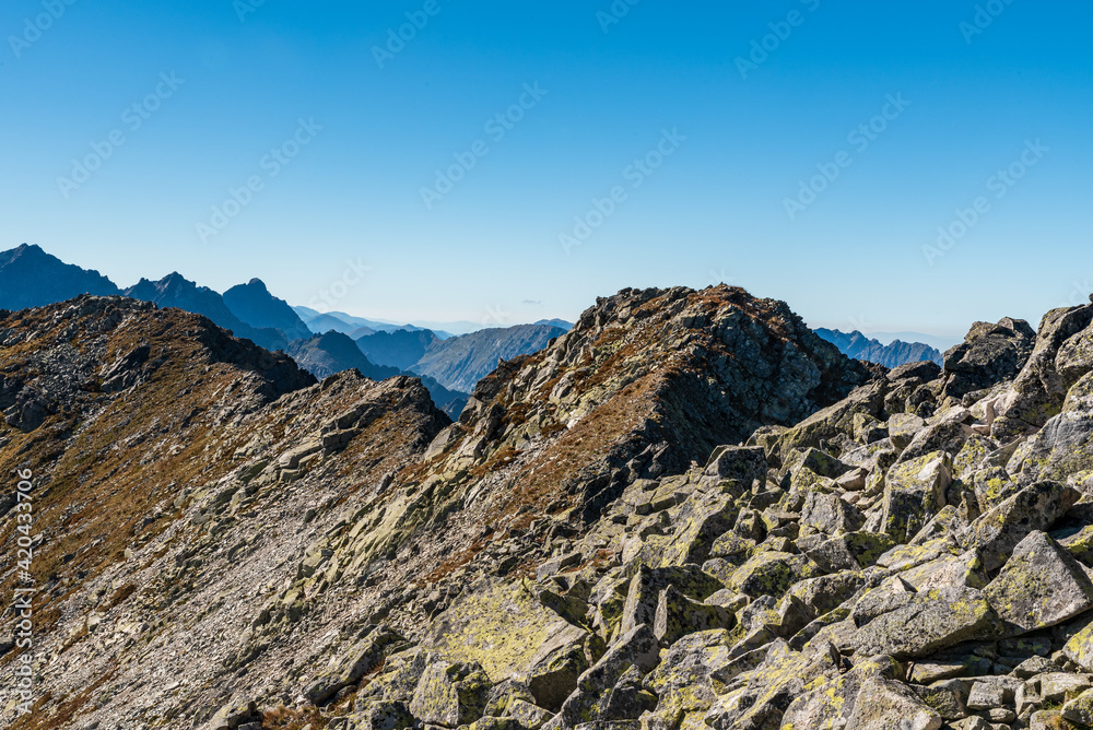 View from Svistovy stit mountain peak in Vysoke Tatry mountains in Slovakia