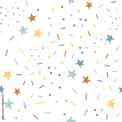 Colourful sprinkles vector seamless pattern. Star dots dash shape festal background. Happy birthday party confetti backdrop.