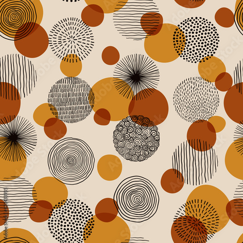 Abstract geometric seamless pattern with doodle circles and geometric shapes. Trendy hand drawn textures. Modern abstract design for paper, cover, fabric, interior decor