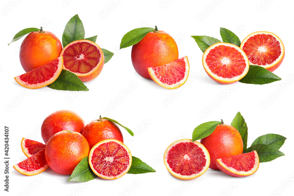 Set with ripe red oranges on white background Set with ripe red oranges on white background