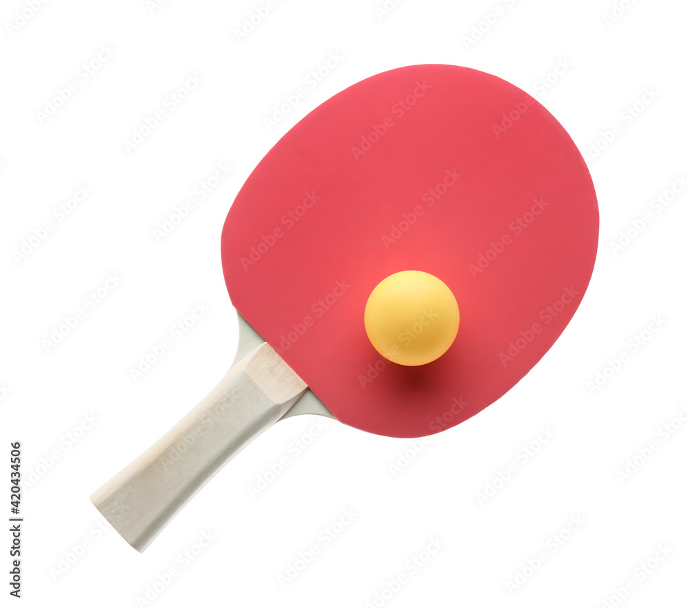 Ping pong racket and ball isolated on white, top view Ping pong racket and ball isolated on white, top view