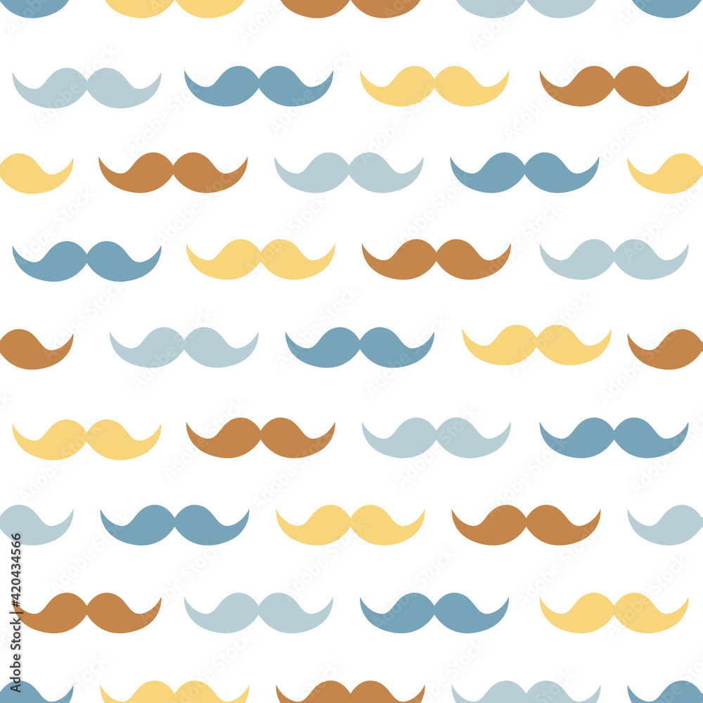Mustache flat style design vector seamless pattern. Colourful moustache isolated on white background.