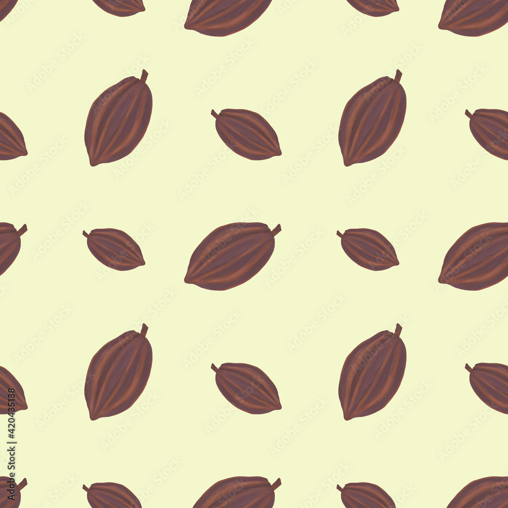 Seamless pattern cocoa fruits on a yellow background. Gouache illustration for packaging design, wallpapers, backgrounds, prints, fabric, textile, wrap. Seamless pattern cocoa fruits on a yellow background. Gouache illustration for packaging design, wallpapers, backgrounds, prints, fabric, textile, wrap.