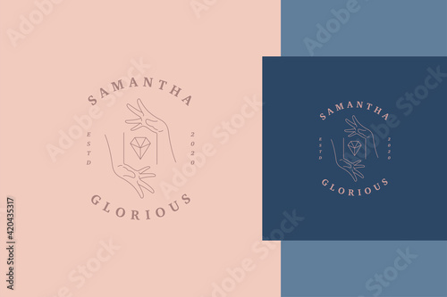 Outline logo of female hands with diamond line style