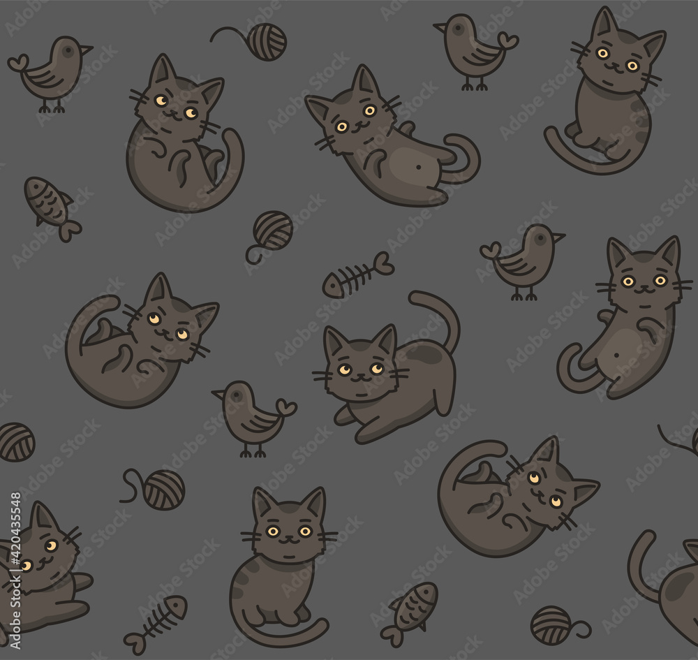 Cute Cartoon Cat Seamless Pattern on Dark Background. Vector