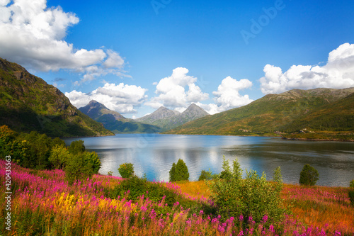 Beautiful summer Norwegian landscape with a lake and mountains