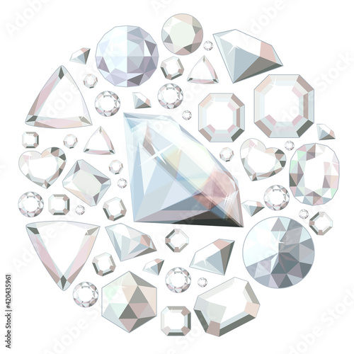 Round template with brilliants and crystals. Circle with gems and gold. Stylized illustration can be used as fashion design template.