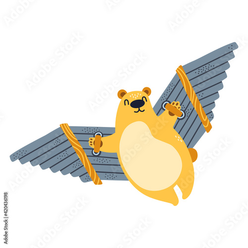 Cute bear flying on handmade wooden wings, wingsuit, jetpack, hang glider, happy illustration isolated on white background. Vector