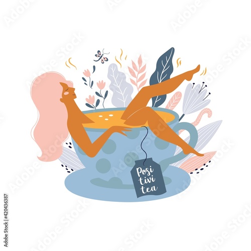 Take time for yourself or self care design concept. Cute girl laying in a cup of tea. Happy mom enjoy free time. Body positive. Positive thinking. Ideal for postcard, print. Flat cartoon vector 
