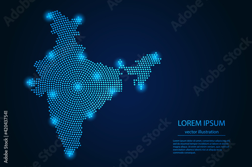 Abstract image India map from point blue and glowing stars on a dark background. vector illustration.