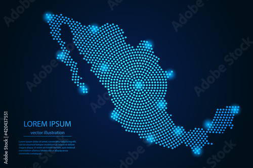 Abstract image Mexico map from point blue and glowing stars on a dark background. vector illustration.