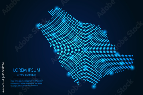 Abstract image Saudi Arabia map from point blue and glowing stars on a dark background. vector illustration.
