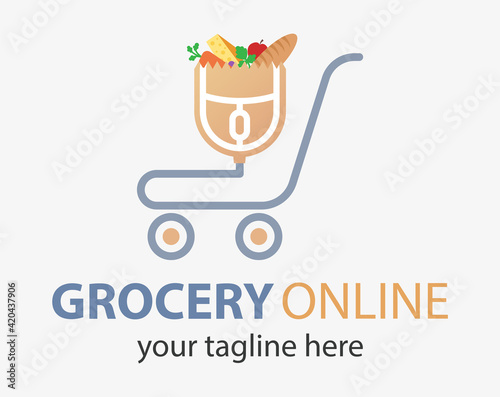 Grocery online logo. Supermarket delivery. Fresh food sign.  Fast Shopping concept vector.