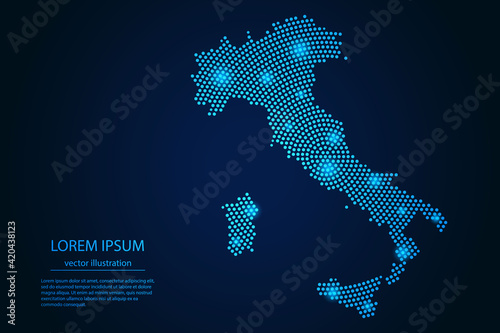 Abstract image Italy map from point blue and glowing stars on a dark background. vector illustration.