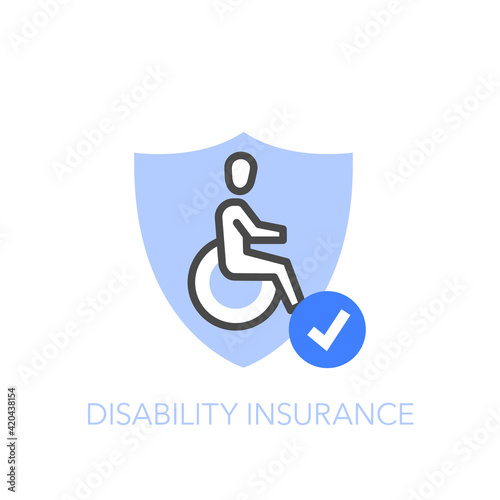 Disability insurance symbol with a protective shield and a wheelchair. Easy to use for your website or presentation.