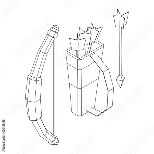 Medieval Bow and arrow archer weapon. Wireframe low poly mesh