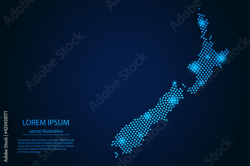 Abstract image New Zealand map from point blue and glowing stars on a dark background. vector illustration.