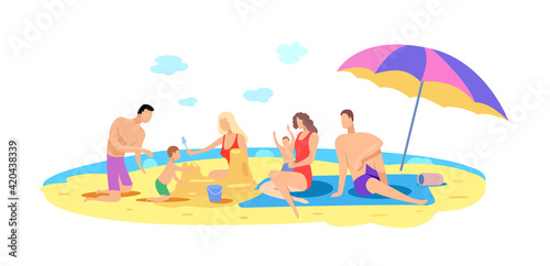 Two families with children are relaxing on the beach by the sea. Vector flat illustration