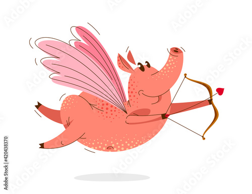 Funny cartoon pig with wing...