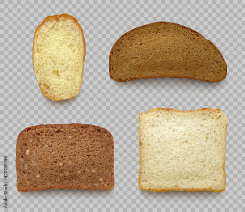 Bread realistic. Different type of white and black bread sliced pieces decent vector pictures of healthy natural food