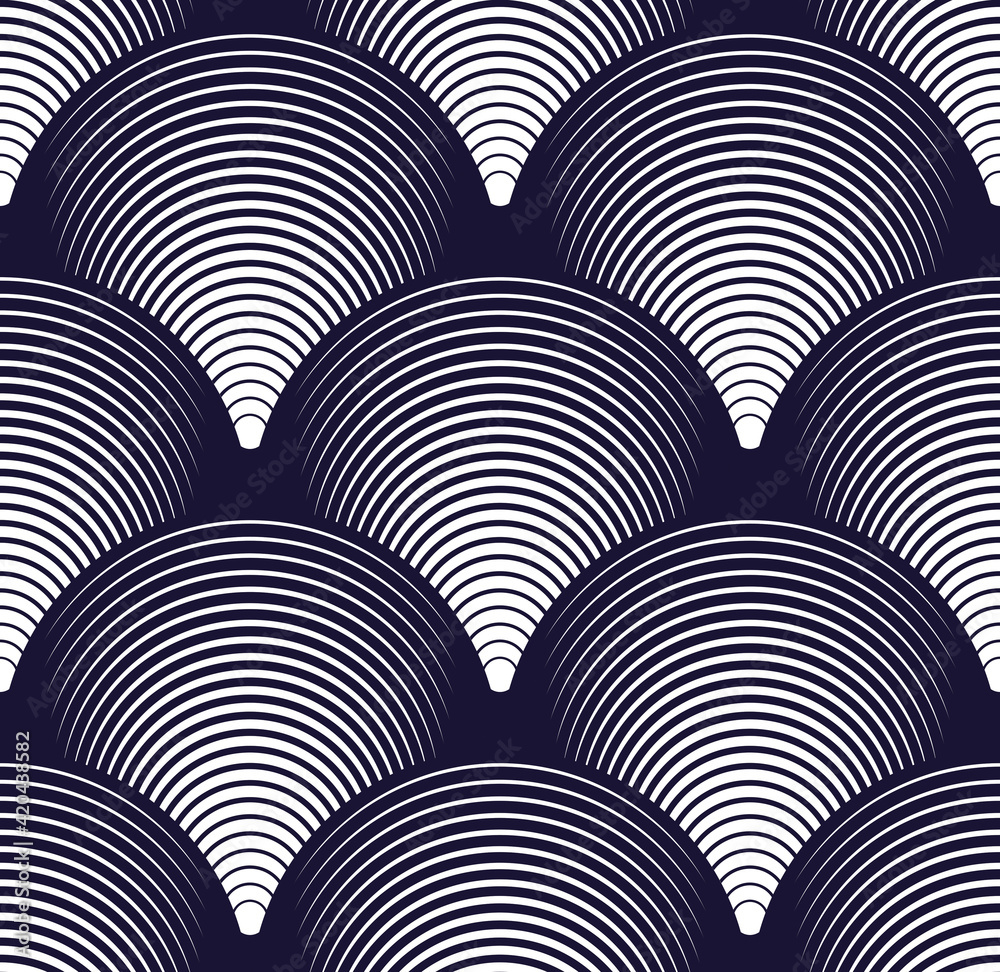 Seamless geometric pattern. Geometric simple fashion fabric print. Vector repeating tile texture. Roof tiling or fish squama shapes motif. Single color, black and white. 