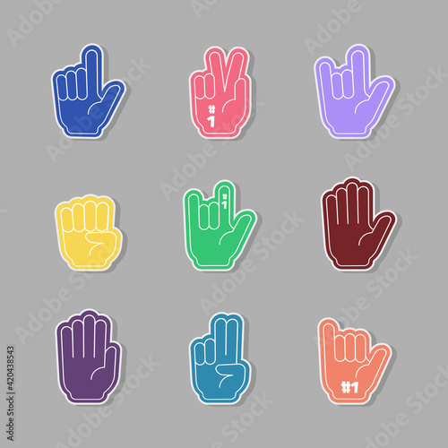 Fans gloves. Colored hands cheering sport fans thumbs up on stadium conference garish stylized vector flat pictures isolated