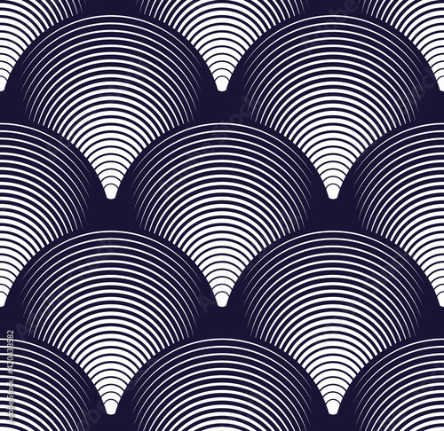 Seamless geometric pattern. Geometric simple fashion fabric print. Vector repeating tile texture. Roof tiling or fish squama shapes motif. Single color, black and white. 