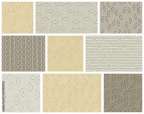 Seamless patterns with twisted lines, vector linear tiling backgrounds set, stripy weaving, optical maze, twisted stripes.