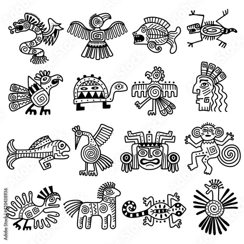Ancient tribal logo. Mexican aztec icons animals decoration mayan pattern recent vector collection photo