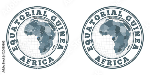 Equatorial Guinea round logos. Circular badges of country with map of Equatorial Guinea in world context. Plain and textured country stamps. Vector illustration.