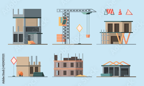 Construction stages. Building houses foundation workers making brick walls little houses and big skyscraper garish vector flat ortogonal colored illustrations collection