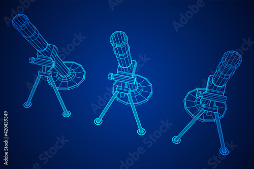 Firearm weapon army mortar and mine. Wireframe low poly