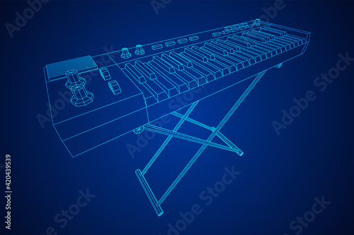 Piano roll analog synthesizer faders buttons knobs. Wireframe low poly mesh