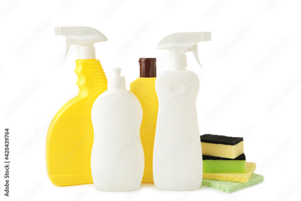 Sprayer with rags and sponge for cleaning isolated on white. Sprayer with rags and sponge for cleaning isolated on white.