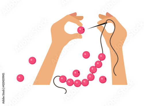 Hand craft. Woman doing beads, hand made workshop. Kids training for girls, needle work vector concept