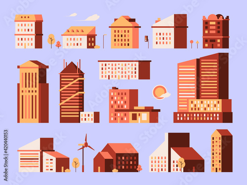 Minimal houses. Urban environment construction modern buildings simple geometrical shapes garish vector flat illustrations