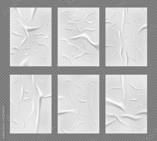 Ads realistic glue paper. Crumpled texture of water paper mockup wallpaper street poster for wall decent vector illustrations set