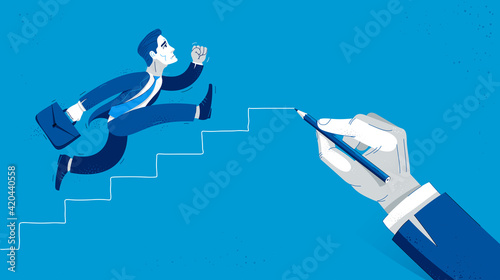 Business man run and hurry on stairs drawing by big hand of boss vector illustration, funny comic cute cartoon worker or employee motivated to career growth success.