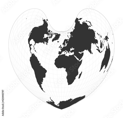 Map of the world. Bonne pseudoconical equal-area projection. Globe with latitude and longitude net. World map on meridians and parallels background. Vector illustration.