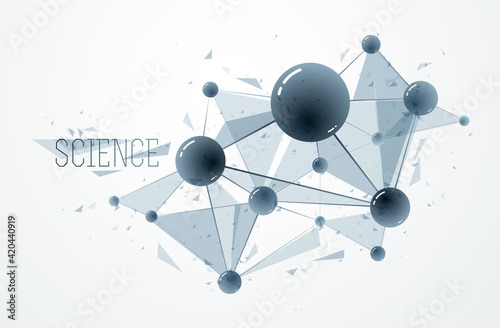 Molecules and atoms vector abstract background, science chemistry and physics theme illustration, micro and nano research and technology theme, microscopic particles.
