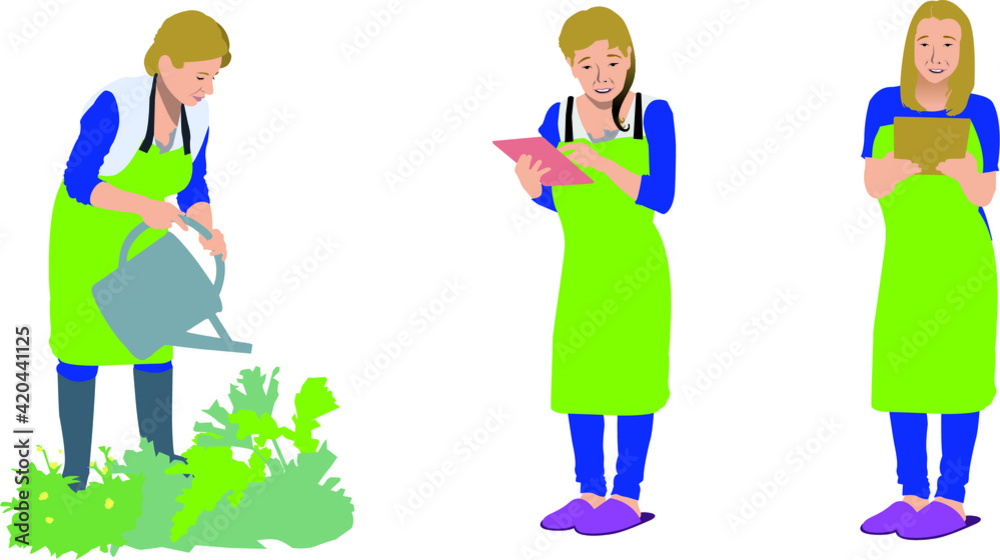 Middle aged woman, doing gardening checking tablet