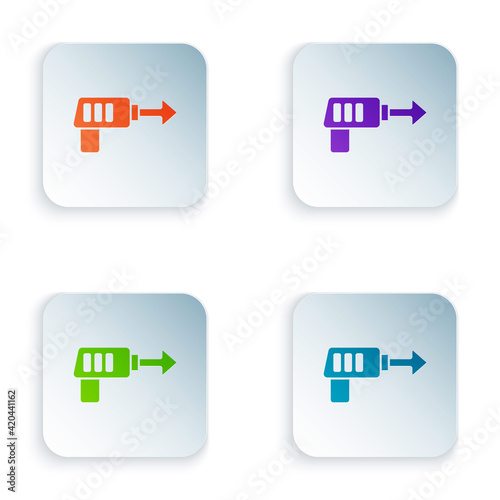 Color Fishing harpoon icon isolated on white background. Fishery manufacturers for catching fish under water. Diving underwater equipment. Set colorful icons in square buttons. Vector