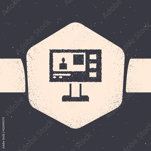 Grunge Television report icon isolated on grey background. TV news. Monochrome vintage drawing. Vector