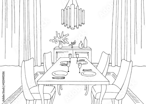 Dining room home interior graphic black white sketch illustration vector 