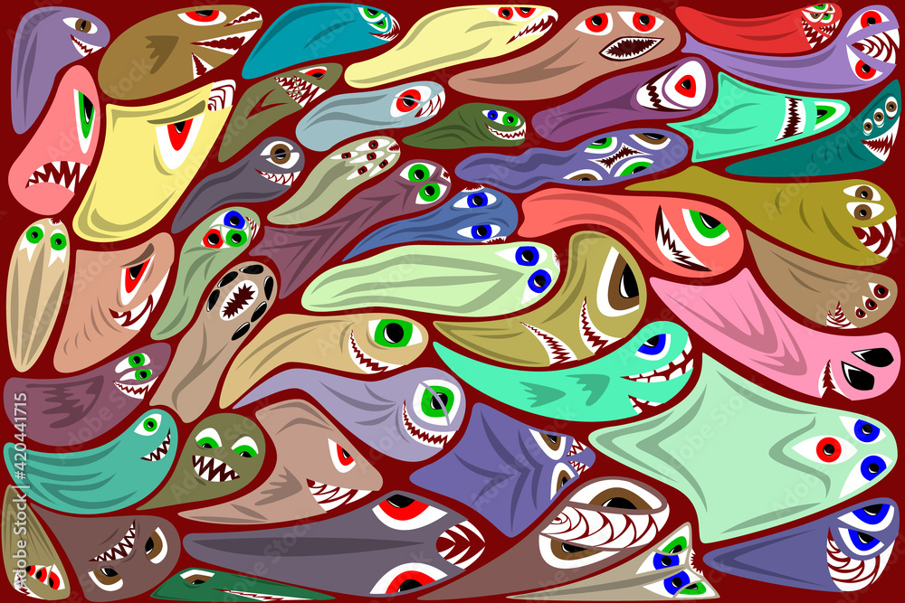 A set of color images of monsters on a dark background, an illustration for wallpaper on the wall and other purposes.